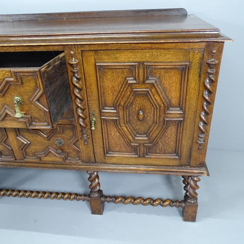 2044 - An early 20th century oak Jacobean style barley-twist sideboard with applied carved decoration. 185x... 