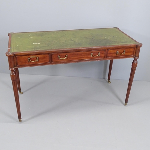 2069 - A Victorian style writing table, with inset tooled and embossed green leather skiver, three frieze d... 