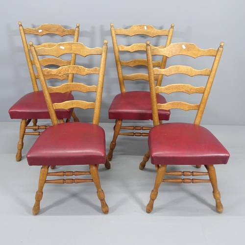 2076 - A set of four modern oak and faux-leather upholstered ladder back dining chairs.