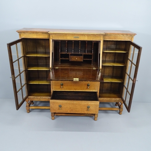 2078 - A 1930's oak side by side bureau bookcase, with presentation plaque, 143x118x44cm. With 2 keys