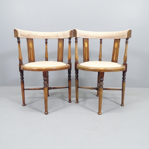 2097 - A pair of antique Arts & Crafts mahogany and satinwood-inlaid corner hall chairs.