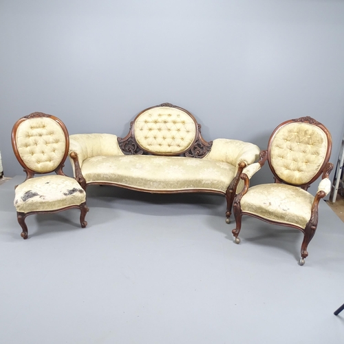 2101 - A Victorian walnut and cream upholstered parlour suite, comprising of settee, armchair and nursing c... 