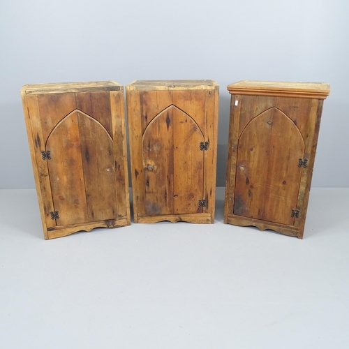 2104 - A pair of reclaimed pine gothic style single door cupboards 49x82x36cm and a similar hanging cupboar... 