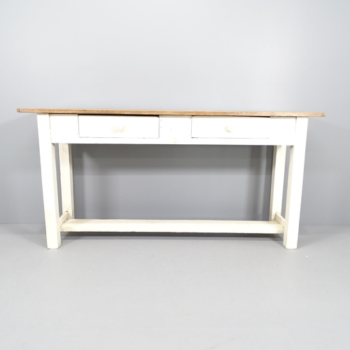 2107 - A large painted pine console or side table with 2 drawers. 180x87x44cm.