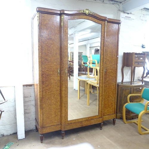 2118 - A French burr walnut veneered 3 door armoire with satinwood inlay and ormolu mounts. 3 keys. 160x223... 