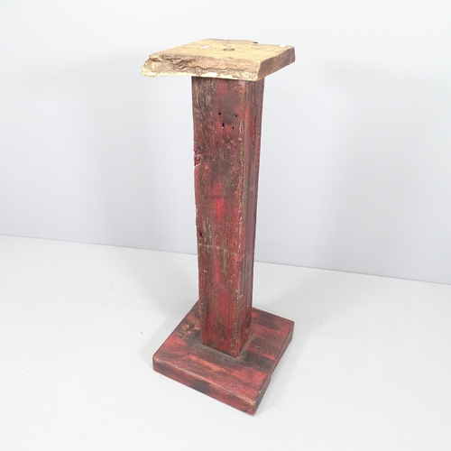 2123 - A reclaimed timber jardiniere stand with red stained column. 110cm.