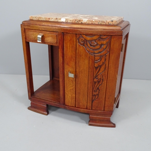 2133 - A shaped oak low cabinet with marble top, single drawer and cupboard. 60x67x35cm.