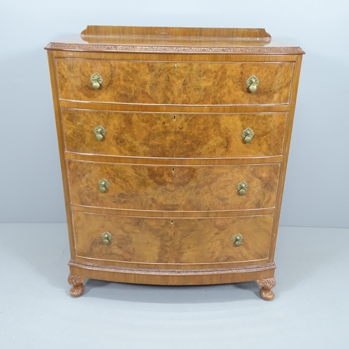 2140 - A mid-century burr walnut veneered bow front chest of 4 drawers. Made by Epstein. 93x114x56cm.