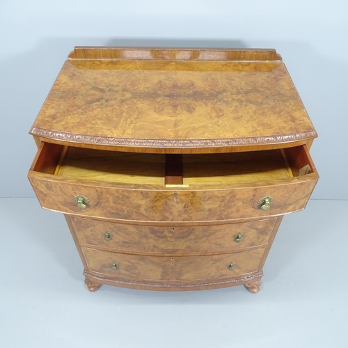 2140 - A mid-century burr walnut veneered bow front chest of 4 drawers. Made by Epstein. 93x114x56cm.