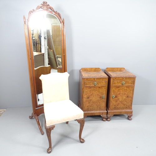 2141 - A mid-century bedroom suite comprising of mahogany framed cheval mirror (173x60cm), 2 burr walnut ve... 