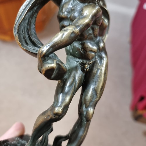 51 - An early 20th century patinated bronze Classical Zeus sculpture, unsigned, on green veined marble ba... 