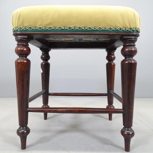 2516 - A 19th century rosewood and upholstered piano stool with turned legs and stretchers. 44x51x38cm