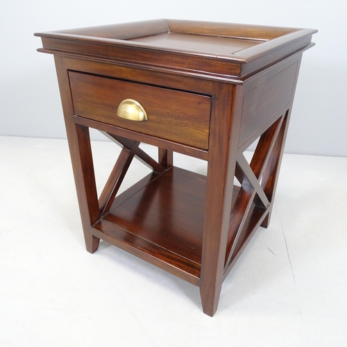 2517 - A modern oriental style mahogany square lamp table with inset top, single drawer and shelf under. 46... 