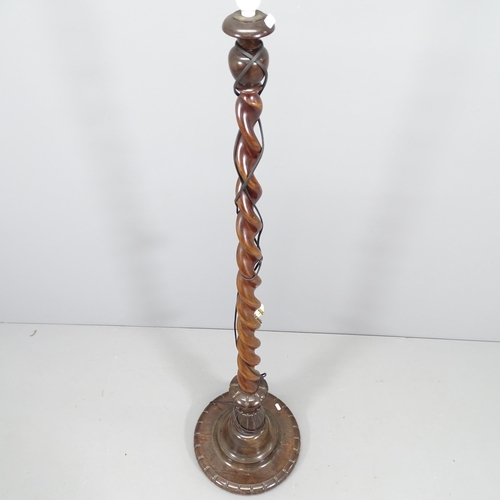 2160 - A vintage standard lamp with mahogany barley twist column.  156cm.