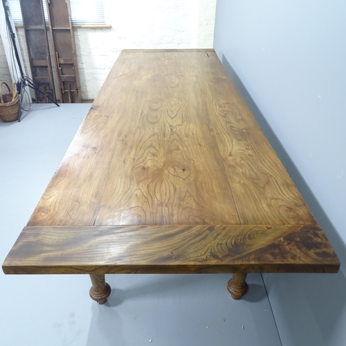 2167 - A large and impressive solid elm plank top farmhouse kitchen table with breadboard ends on turned le... 