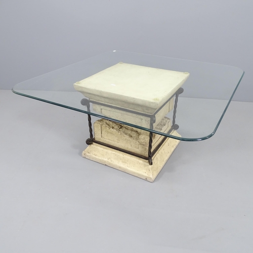 2173 - A contemporary glass square top coffee table, on composite pedestal base. 90x45cm