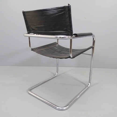 2182 - A mid-century cantilever leather and chrome armchair with wooden arm caps in the manner of Mart Stam... 