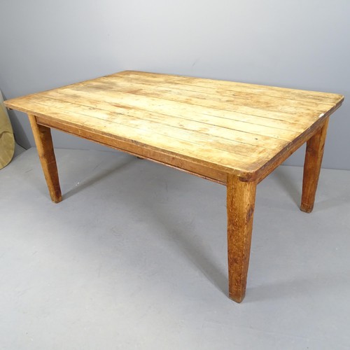 2527 - An antique pine plank top farmhouse kitchen table with end frieze drawer, 167x75x105cm, and six vari... 