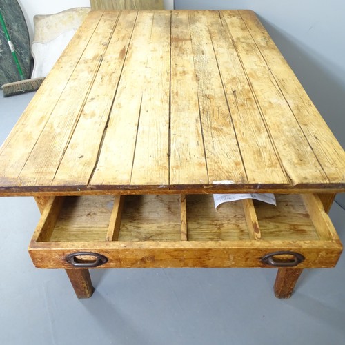 2527 - An antique pine plank top farmhouse kitchen table with end frieze drawer, 167x75x105cm, and six vari... 