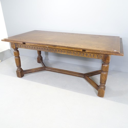 2528 - An antique oak draw-leaf dining table, raised on turned legs with y-shaped stretcher, 183 (extending... 