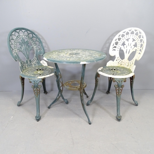 2594 - A painted metal garden bistro table, 61x63cm, and two matching chairs.