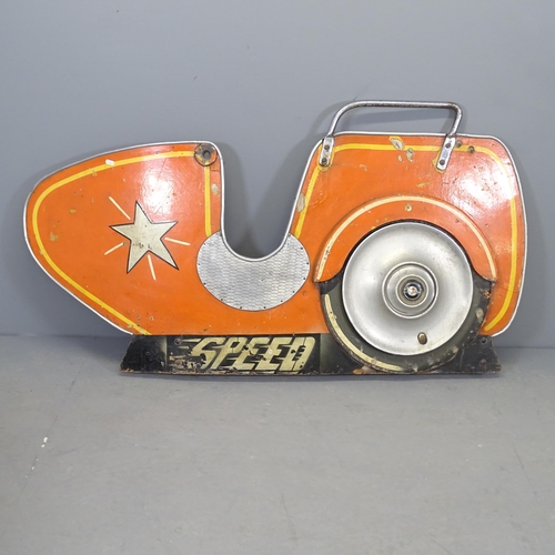 2602 - A vintage fairground panel in the form of a sidecar, believed to be from a carousel. 160x85cm