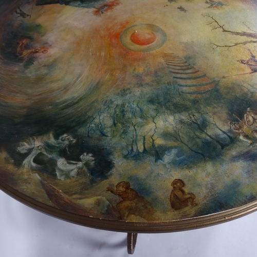 2201 - A late 20th century painted table on wrought iron base, in the Hollywood Regency manner, the top fin... 