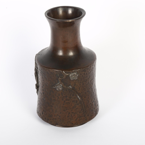 104 - A Japanese bronze vase with relief tree and gilt decoration in mallet form, height 15cm