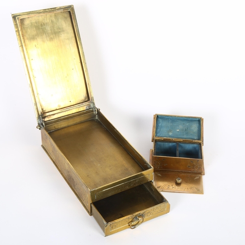 116 - An engraved rectangular brass box, with rising lid and drawer under, L16cm, and an engraved brass st... 