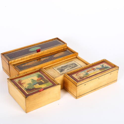 117 - Tunbridge Ware - A collection of white wood boxes circa 1820s, to include a pencil box 