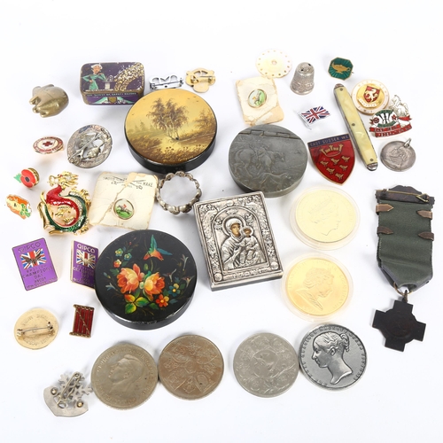 151 - A box of interesting items, to include 2 black lacquered circular boxes, a miniature icon, East Suss... 