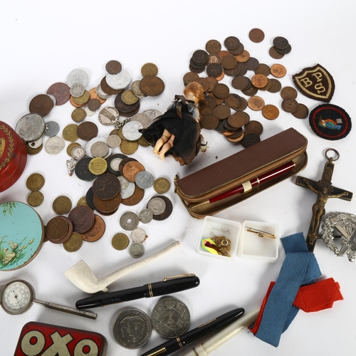 168 - A box of various items, including pre-decimal coinage, tins, crucifix, fountain pens etc