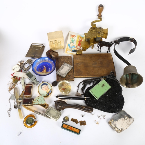 177 - A box of various items, including a cow bell, a beadwork purse, a model DRGM slicer, a brass-framed ... 