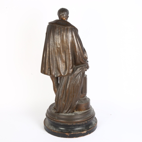 18 - A patinated spelter figure, a study of a Tudor gentleman leaning against a pillar, on turned wood pl... 