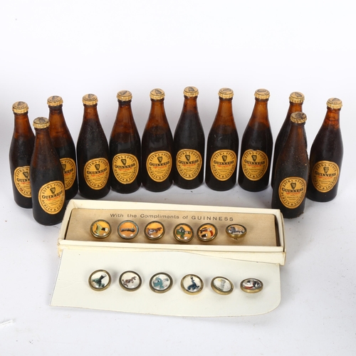 181 - A set of 12 miniature Guinness bottles, in original box, and 2 sets of 6 each Guinness buttons