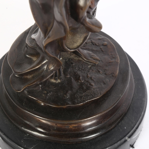 20 - After Jean Patoue, patinated bronze sculpture, figure holding a vase, on turned marble base, H35cm