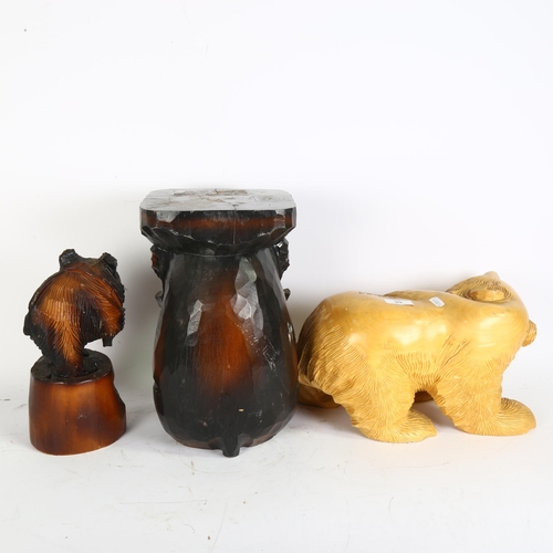 56 - 3 Hokkaido style carved and stained wood bears, 1 being in the form of a stool, H31.5cm