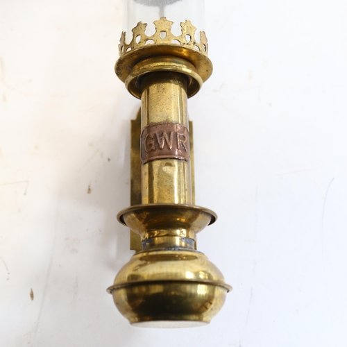 95 - GWR RAILWAY - a pair of brass carriage lamps, with glass bodies and sprung holders, H36cm