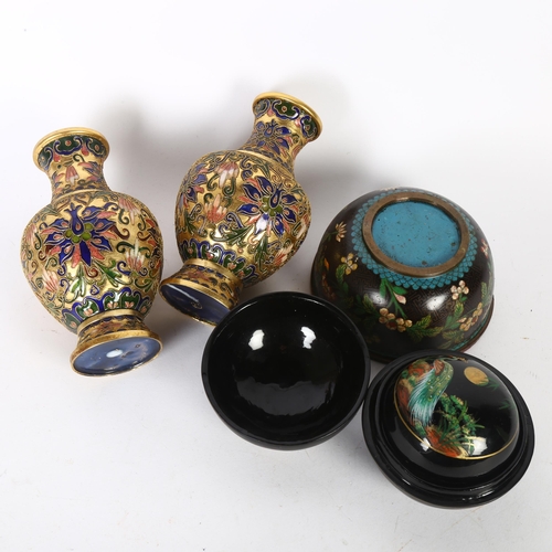 202 - A pair of cloisonne baluster vases, H16cm, a set of nesting lacquer boxes, and a cloisonne bowl