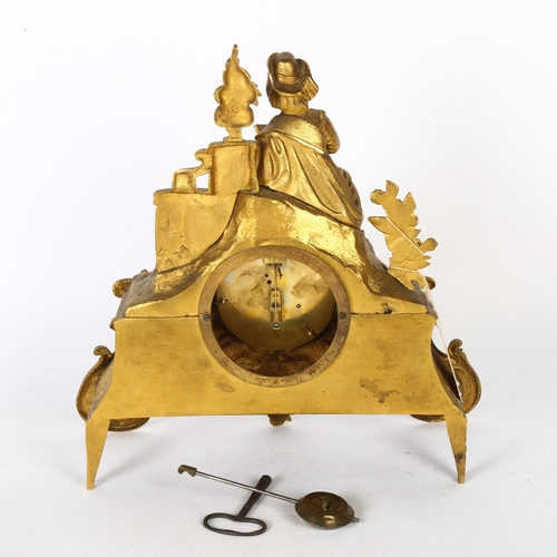 207 - An Antique gilt-bronze French mantel clock, 8-day movement, with key and pendulum, clock height 29cm