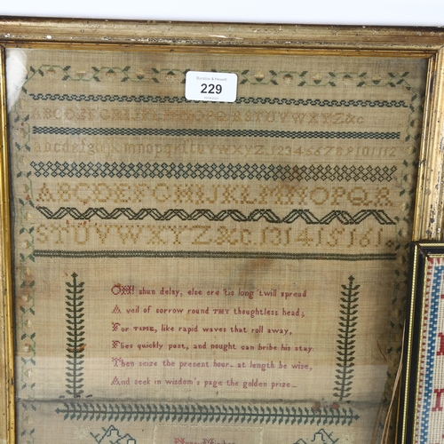 229 - A 19th century sampler, by Nancy Miniken, dated Christmas 1826, framed, 36 x 42cm, and another later... 