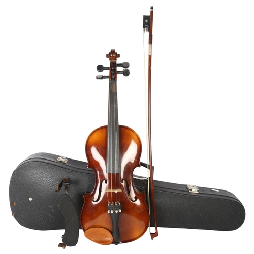 242 - A Tatra by Rosetti Stradivarius model violin, 34cm, with mother-of-pearl inlaid bow, in case