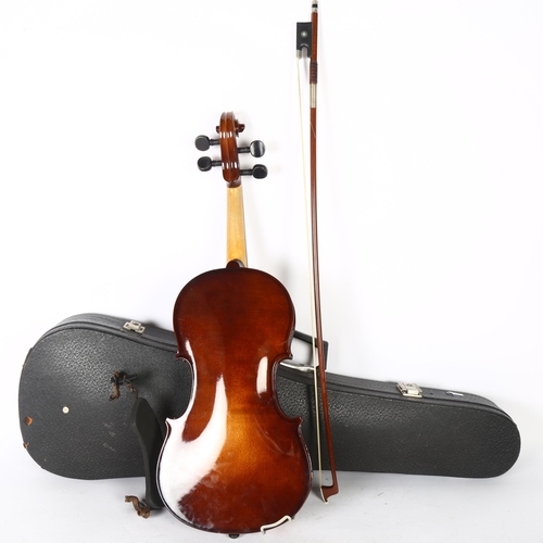 242 - A Tatra by Rosetti Stradivarius model violin, 34cm, with mother-of-pearl inlaid bow, in case