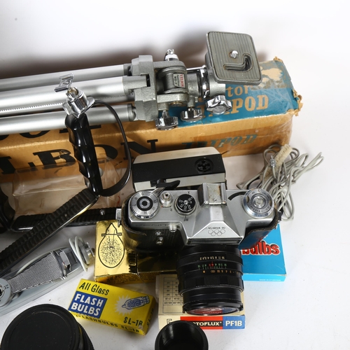 252 - A quantity of various Vintage cameras, equipment and associated products, including a Velbon Super E... 