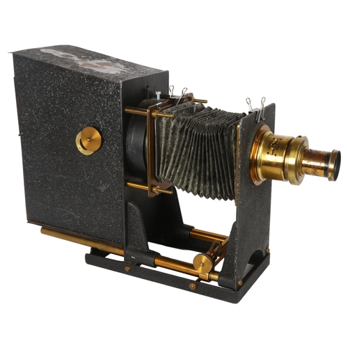 254 - A Victorian painted and brass-mounted magic lantern, with bellow slide, H34cm, base L30cm