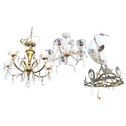 273 - A gilt-metal 4-branch chandelier with glass lustres, drop approx 65cm, a pressed metal chandelier wi... 