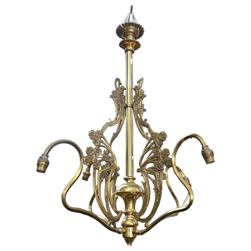 275 - A 4-branch brass ceiling light fitting, with floral decoration, drop 82cm