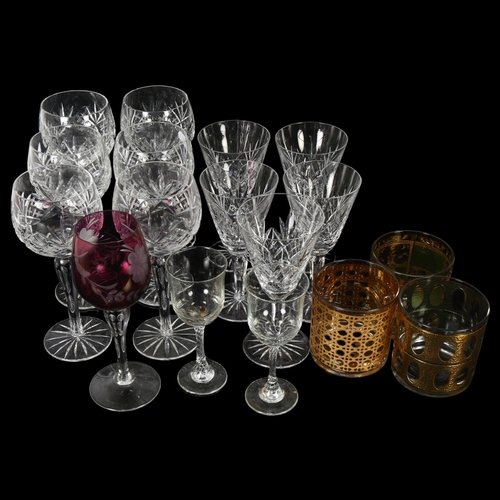 298 - A quantity of crystal glassware and other glass items, including 6 red wine glasses, 5 Sherry or whi... 