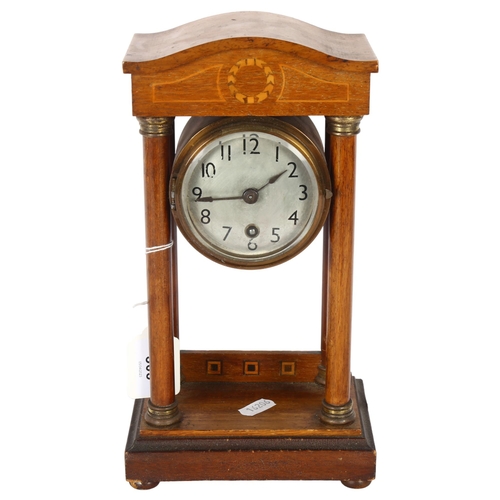 305 - A small Edwardian mahogany and inlaid Portico clock, with key and pendulum, H27cm