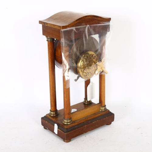 305 - A small Edwardian mahogany and inlaid Portico clock, with key and pendulum, H27cm